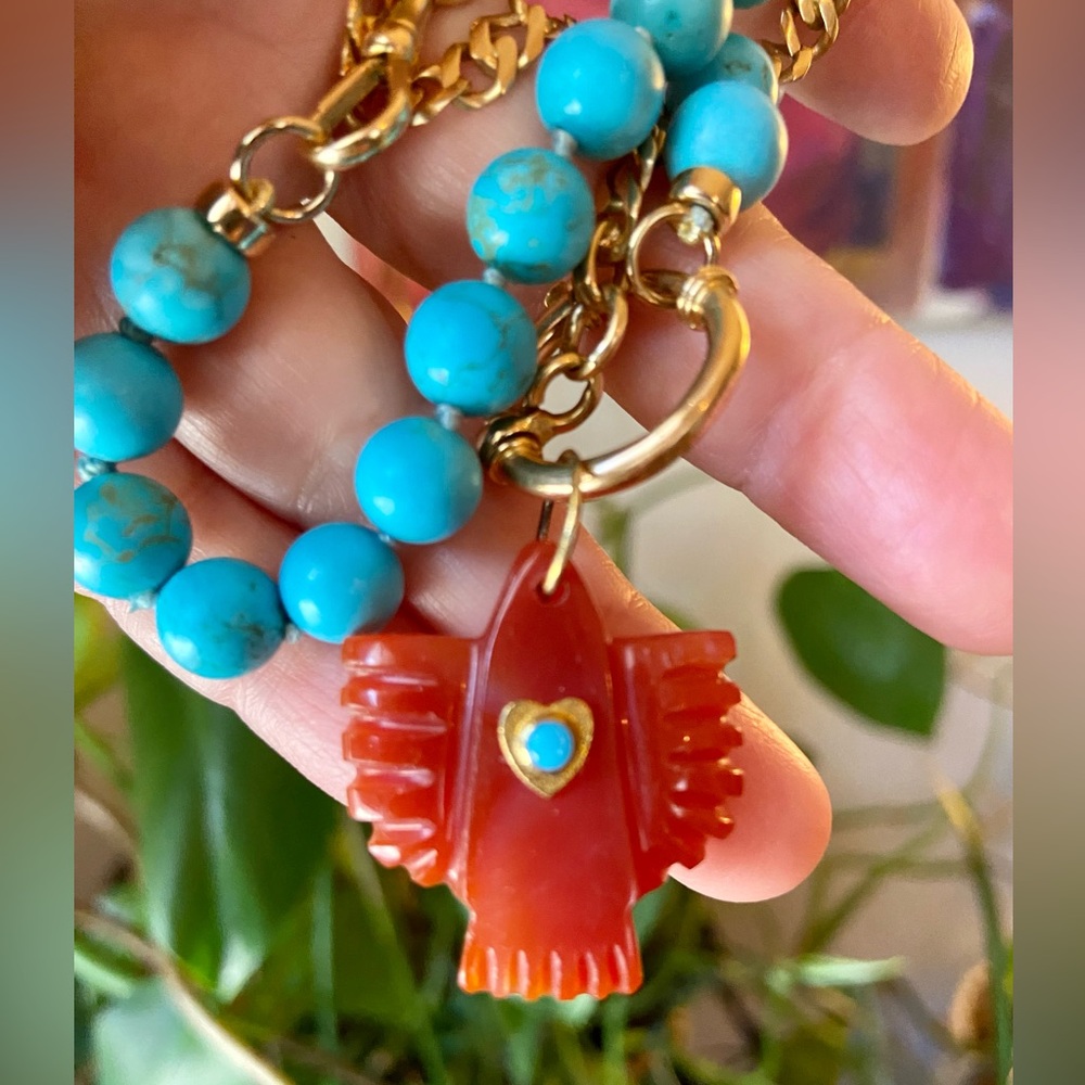 Tova Malibu - Carnelian With Turquoise Heart Bezel Thunderbird Pendant - Picture 3 of 11